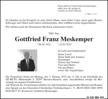 Traueranzeige von Gottfried Franz Meskemper