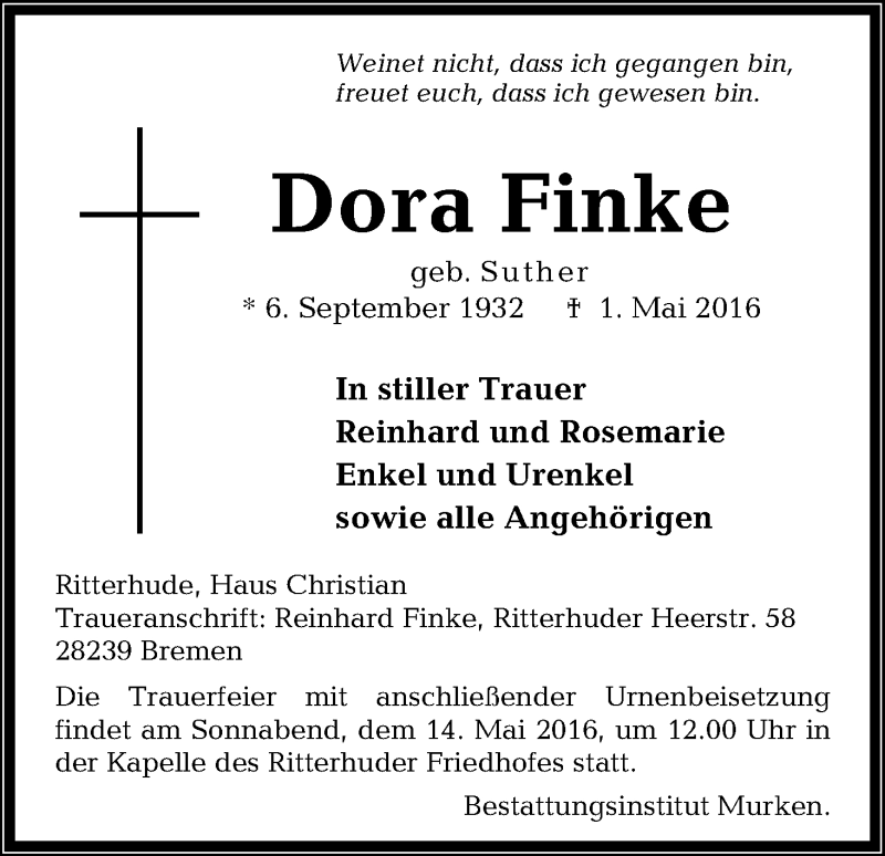 Traueranzeige von Dora Finke von Osterholzer Kreisblatt