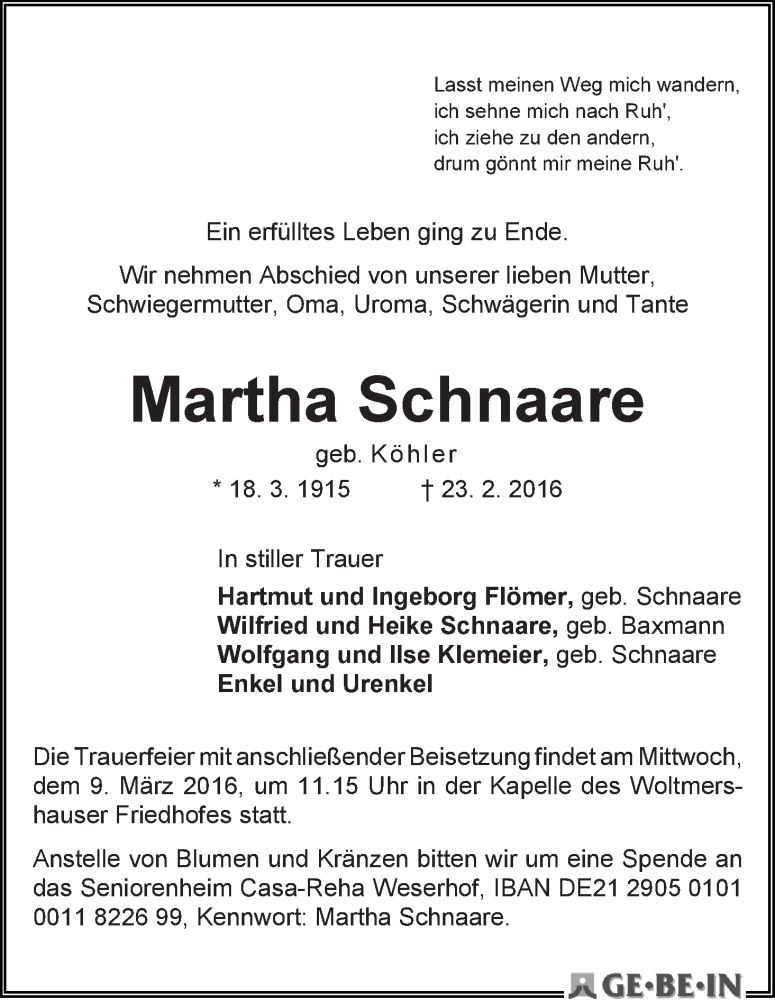 Traueranzeige von Martha Schnaare von WESER-KURIER