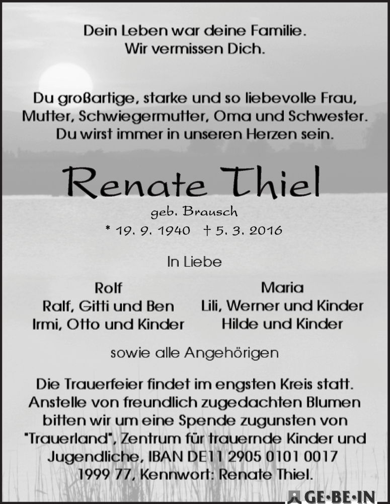 Traueranzeige von Renate Thiel von WESER-KURIER