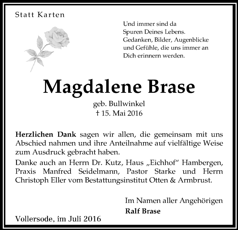 Traueranzeige von Magdalene Brase von Osterholzer Kreisblatt