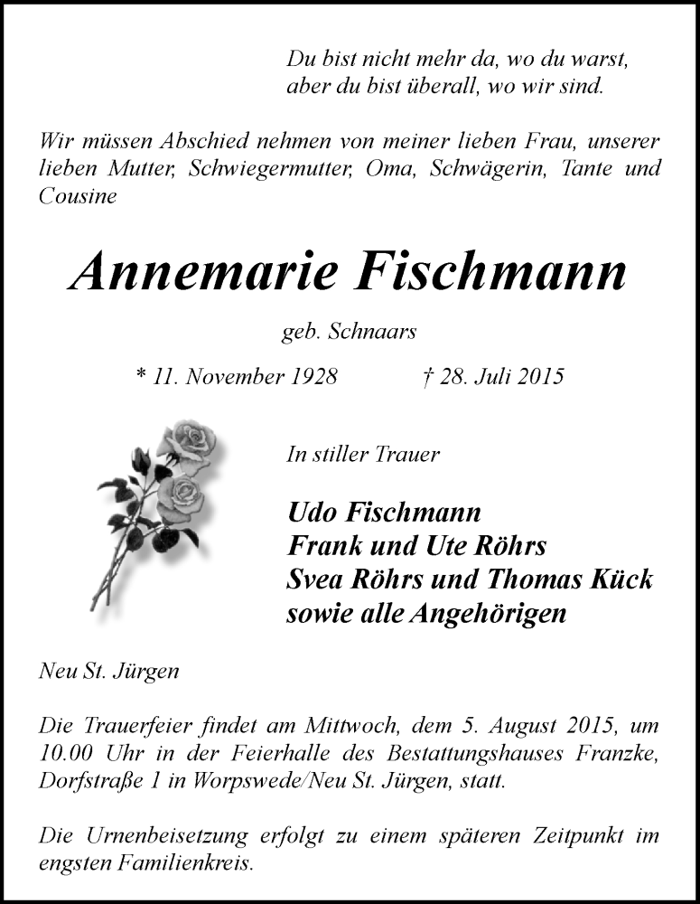  Traueranzeige für Annemarie Fischmann vom 31.07.2015 aus Wuemme Zeitung