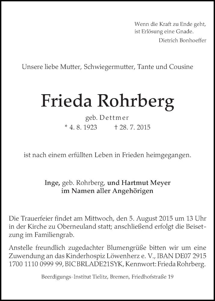 Traueranzeige von Frieda Rohrberg von WESER-KURIER