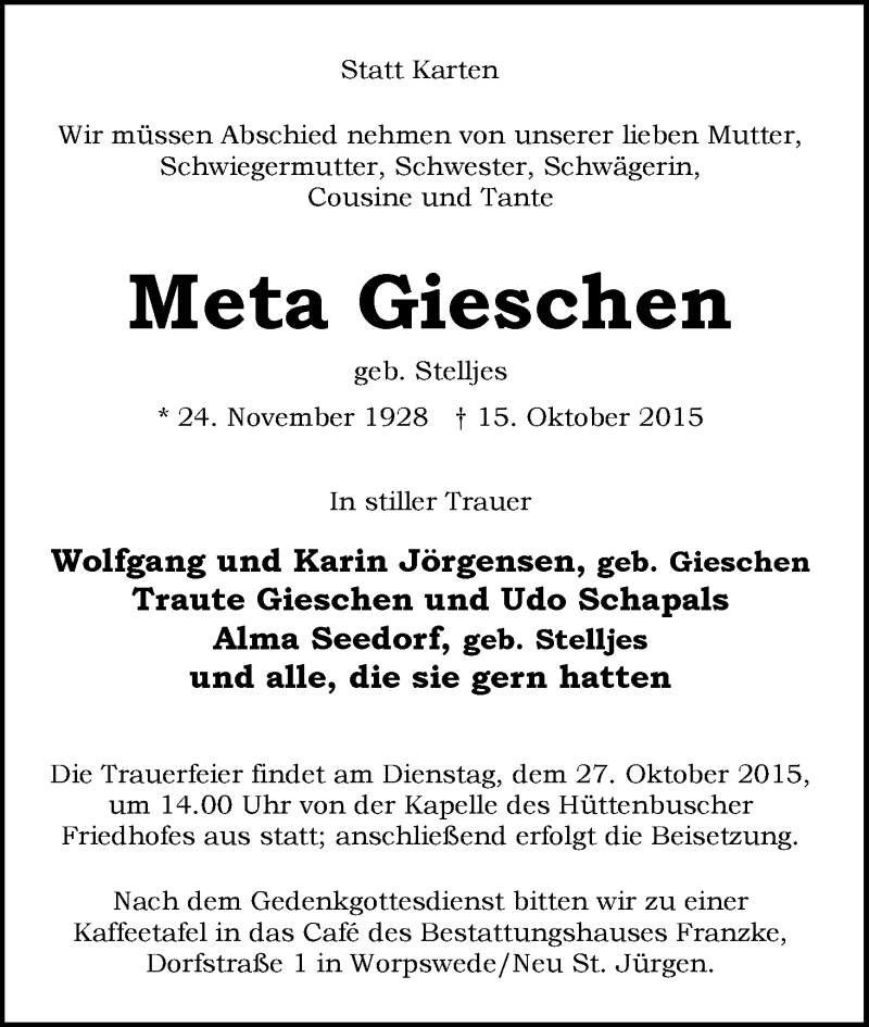 Traueranzeige von Meta Gieschen von WESER-KURIER