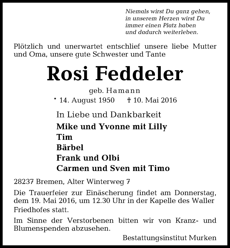  Traueranzeige für Rosi Feddeler vom 14.05.2016 aus WESER-KURIER