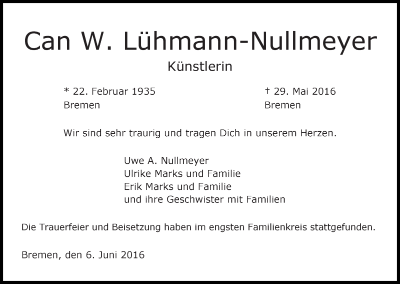 Traueranzeige von Can  Lühmann-Nullmeyer von WESER-KURIER