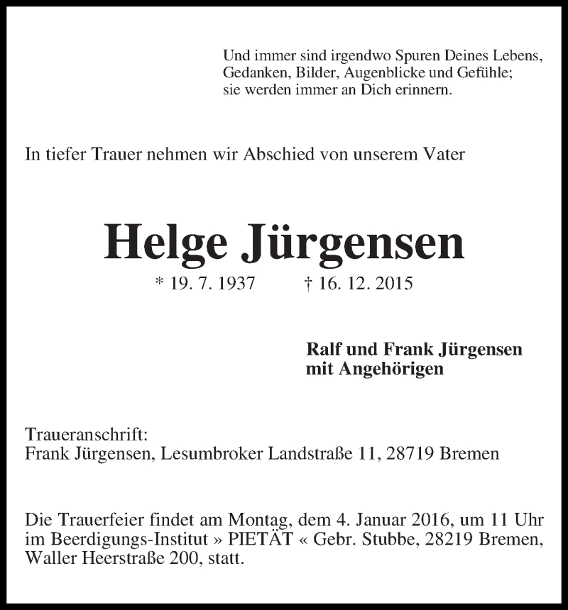 Traueranzeige von Helge Jürgensen von WESER-KURIER