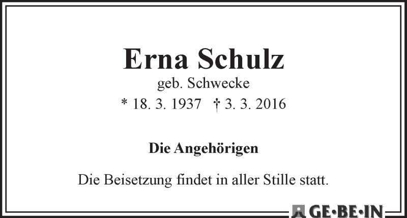 Traueranzeige von Erna Schulz von WESER-KURIER
