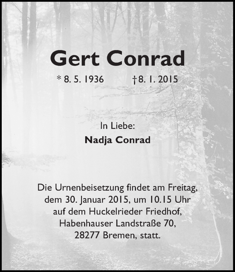 Traueranzeige von Gert Conrad von WESER-KURIER