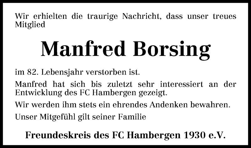 Traueranzeige von Manfred Borsing von Osterholzer Kreisblatt