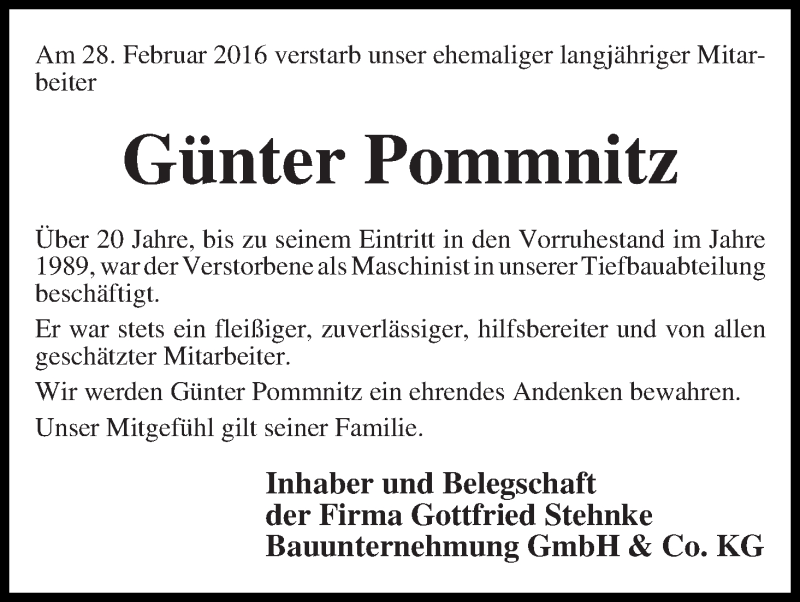 Traueranzeige von Günter Pommnitz von Die Norddeutsche