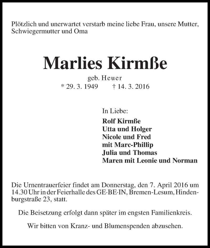 Traueranzeige von Marlies Kirmße von Osterholzer Kreisblatt