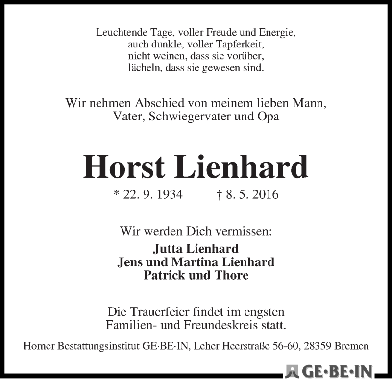 Traueranzeige von Horst Lienhard von WESER-KURIER