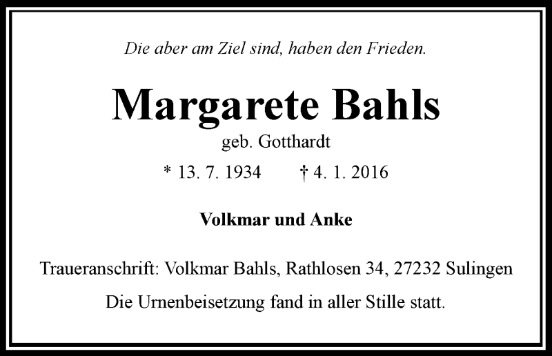 Traueranzeige von Margarete Bahls von WESER-KURIER