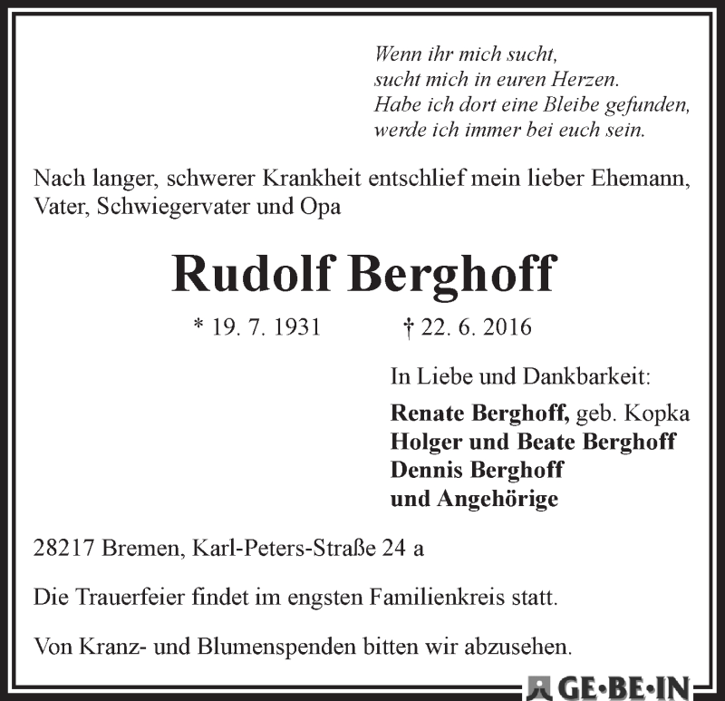 Traueranzeige von Rudolf Berghoff von WESER-KURIER