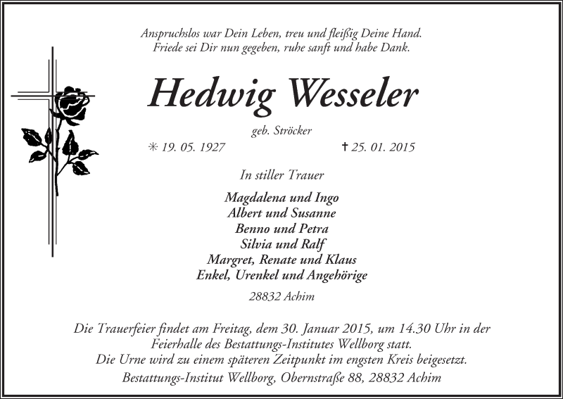  Traueranzeige für Hedwig Wesseler vom 29.01.2015 aus Achimer Kurier/Verdener Nachrichten
