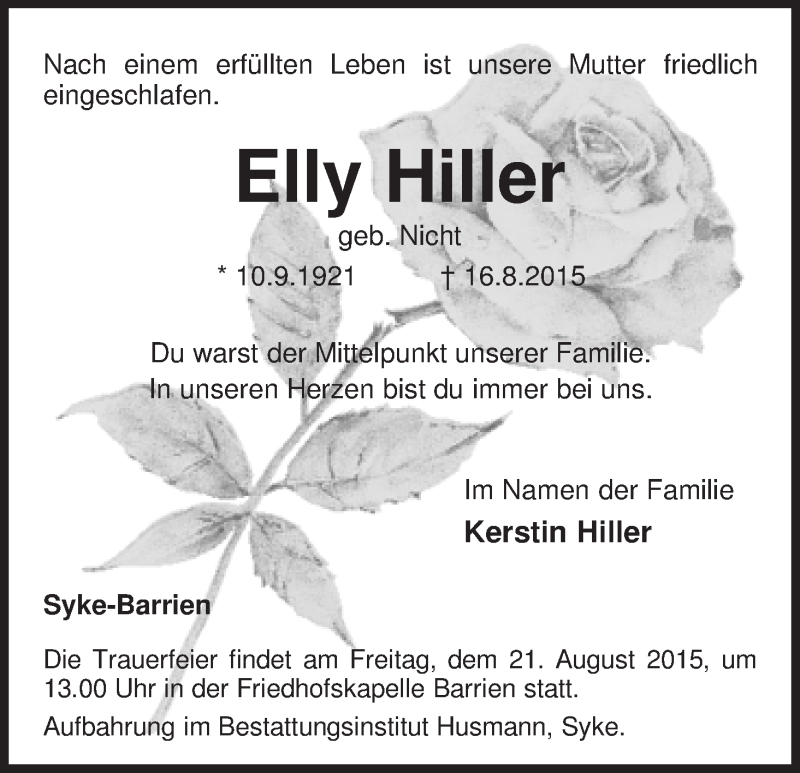 Traueranzeige von Elly Hiller von Regionale Rundschau/Syker Kurier