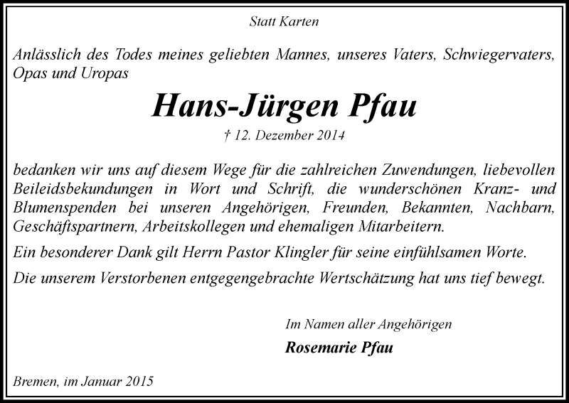 Traueranzeige von Hans-Jürgen Pfau von WESER-KURIER