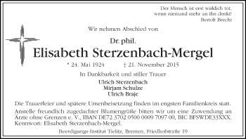 Traueranzeige von Elisabeth Sterzenbach-Mergel