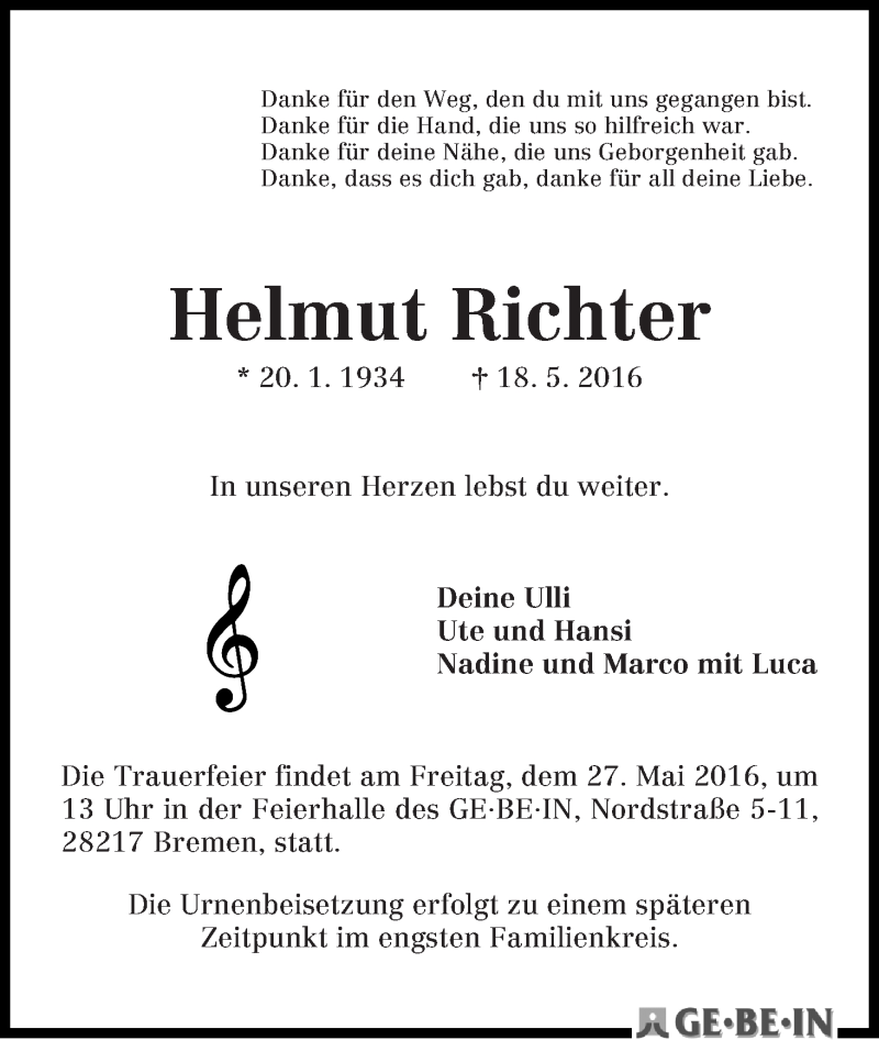 Traueranzeige von Helmut Richter von WESER-KURIER