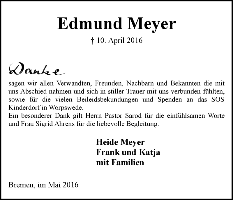 Traueranzeige von Edmund Meyer von WESER-KURIER