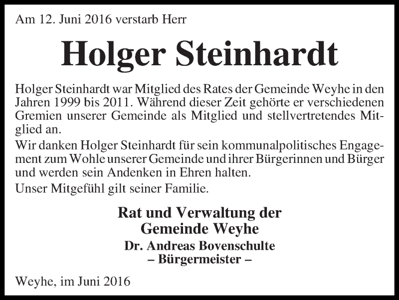 Traueranzeige von Holger Steinhardt von Regionale Rundschau/Syker Kurier