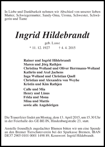 Traueranzeige von Ingrid Hildebrandt