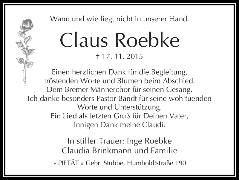 Traueranzeige von Claus Roebke von WESER-KURIER