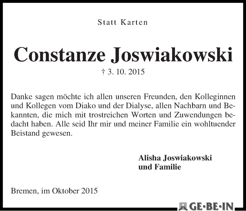Traueranzeige von Constanze Joswiakowski von WESER-KURIER