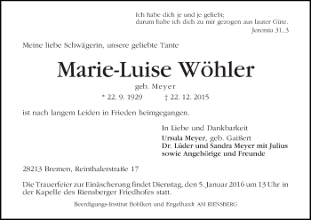 Traueranzeige von Marie-Luise Wöhler