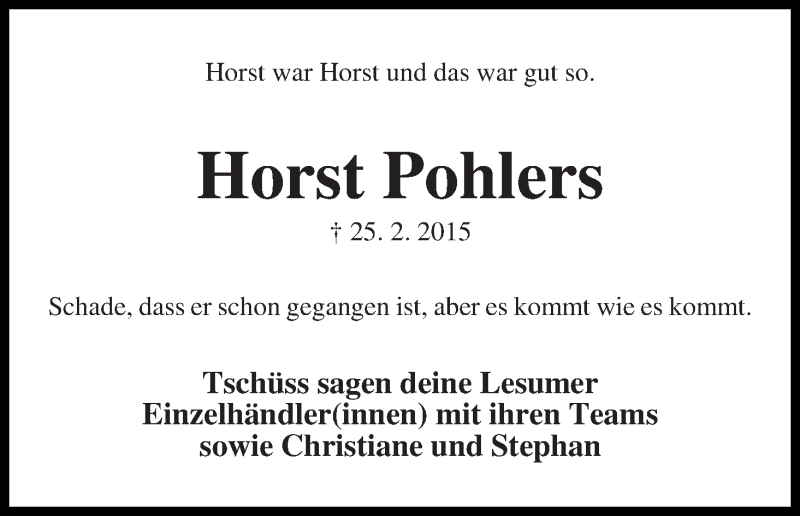 Traueranzeige von Horst Pohlers von Die Norddeutsche