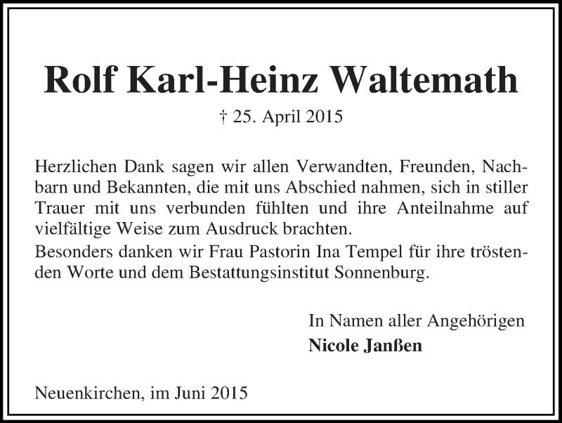 Traueranzeige von Rolf Karl-Heinz Waltemath von Die Norddeutsche