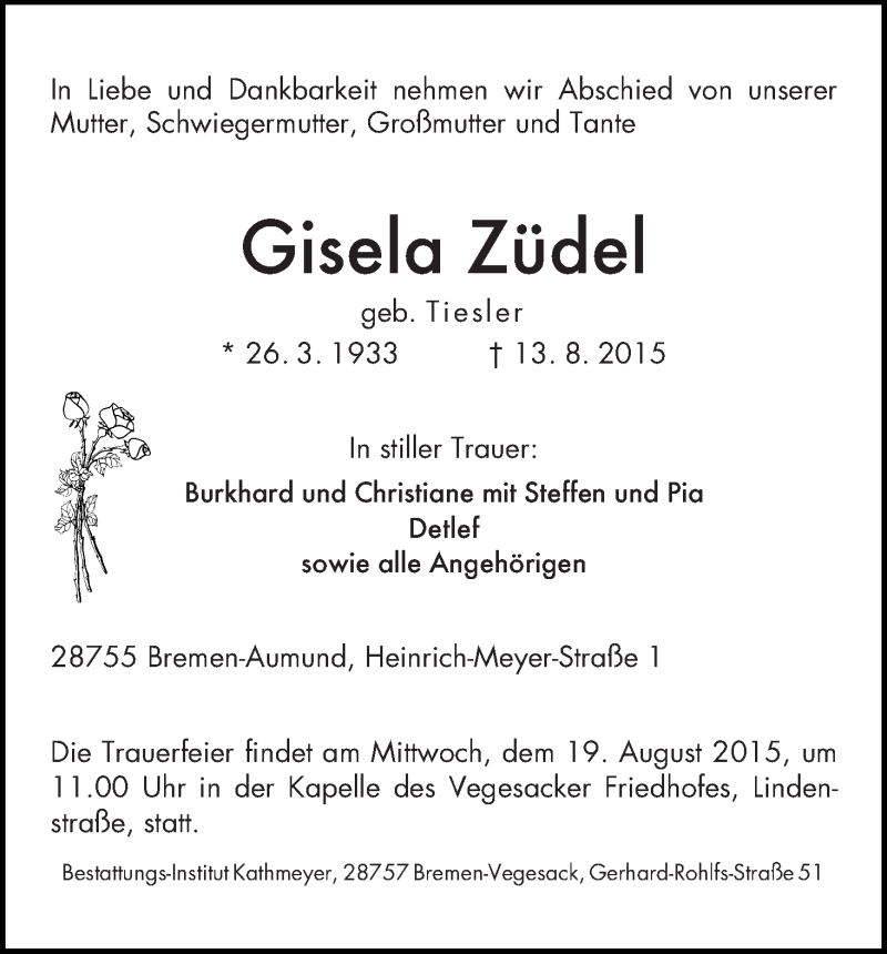 Traueranzeige von Gisela Züdel von Die Norddeutsche