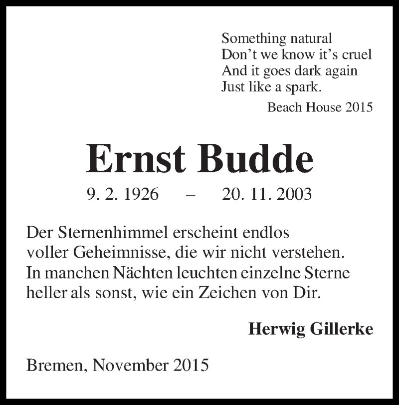 Traueranzeige von Ernst Budde von WESER-KURIER