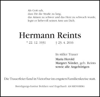 Traueranzeige von Hermann Reints