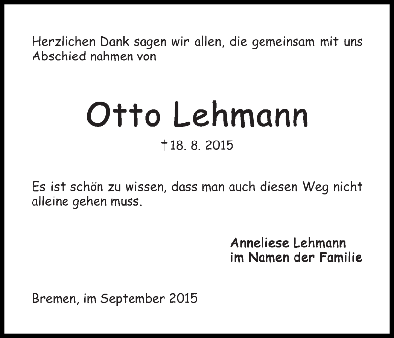 Traueranzeige von Otto Lehmann von WESER-KURIER