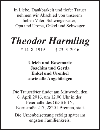 Traueranzeige von Theodor Harmling