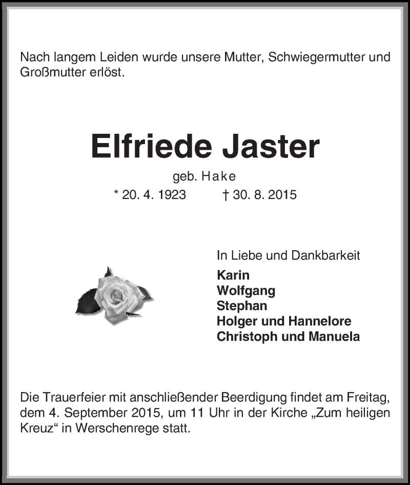 Traueranzeige von Elfriede Jaster von Osterholzer Kreisblatt