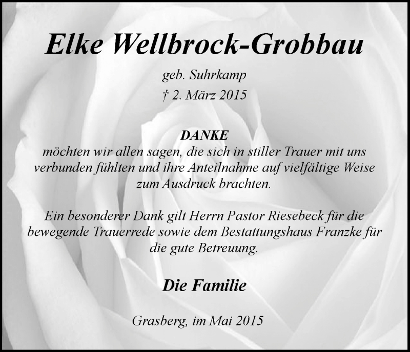 Traueranzeige von Elke Wellbrock-Grobbau von Wuemme Zeitung