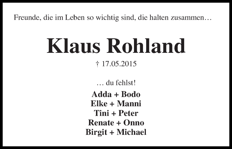 Traueranzeige für Klaus Rohland vom 23.05.2015 aus WESER-KURIER