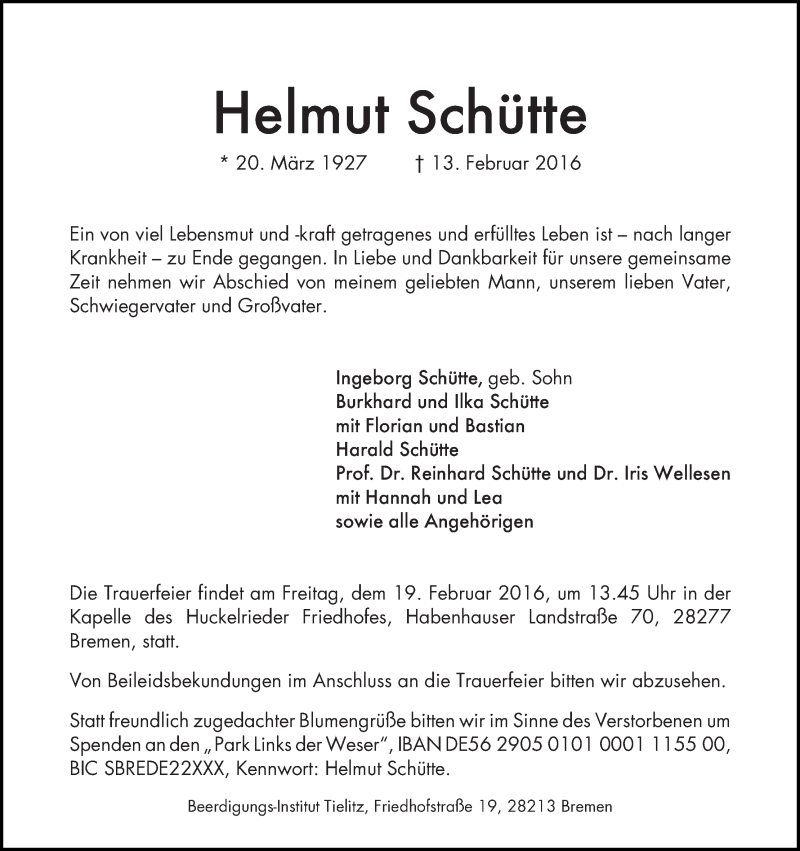 Traueranzeige von Helmut Schütte von WESER-KURIER
