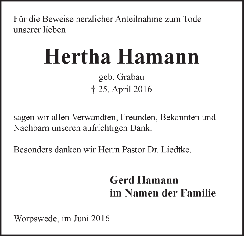 Traueranzeige von Herta Hamann von Wuemme Zeitung