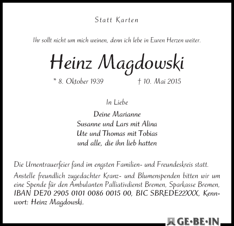 Traueranzeige von Heinz Magdowski von WESER-KURIER