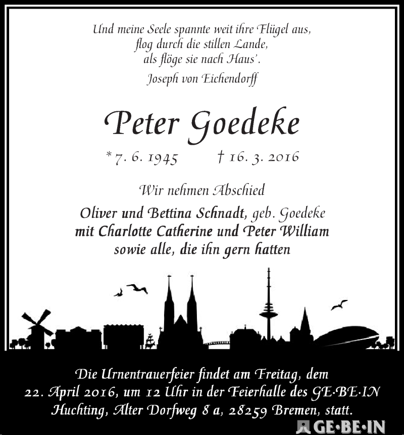 Traueranzeige von Peter Goedeke von WESER-KURIER