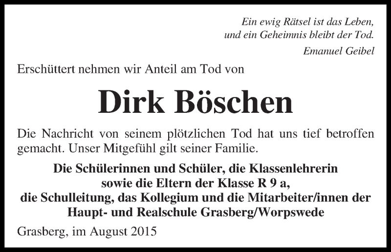  Traueranzeige für Dirk Böschen vom 15.08.2015 aus Wuemme Zeitung