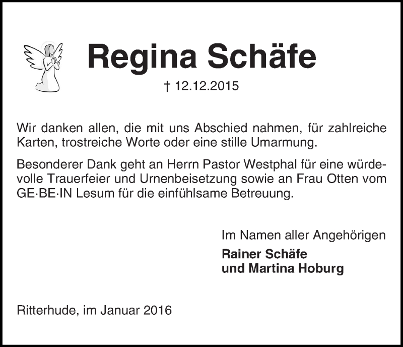 Traueranzeige von Regina Schäfe von Die Norddeutsche