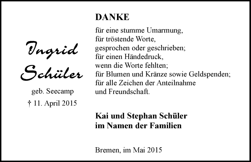 Traueranzeige von Ingrid Schüler von WESER-KURIER