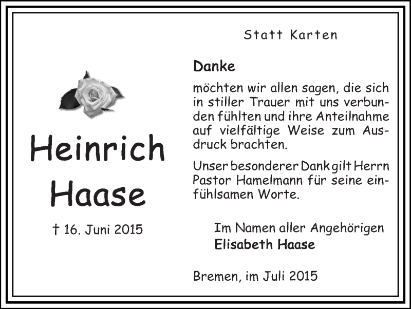 Traueranzeige von Heinrich Haase von WESER-KURIER
