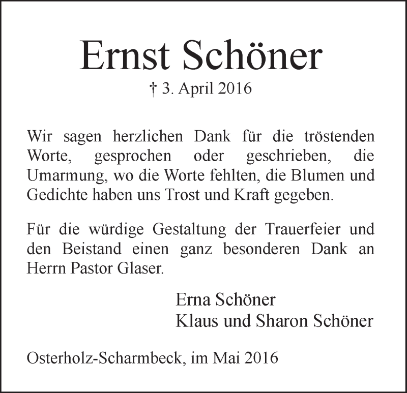 Traueranzeige von Ernst Schöner von Osterholzer Kreisblatt