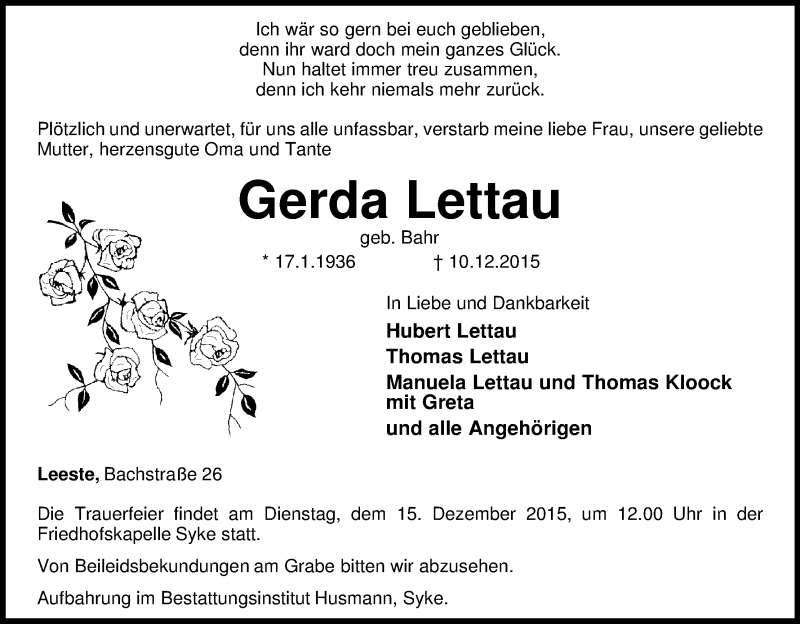 Traueranzeige von Gerda Lettau von WESER-KURIER